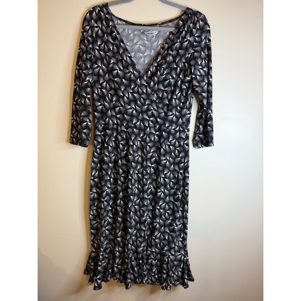 Maggy London Womens 12 Black Cream Feather Print Fit Flare Dress